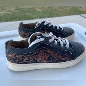 Myra handtooled leather and canvas sneaker